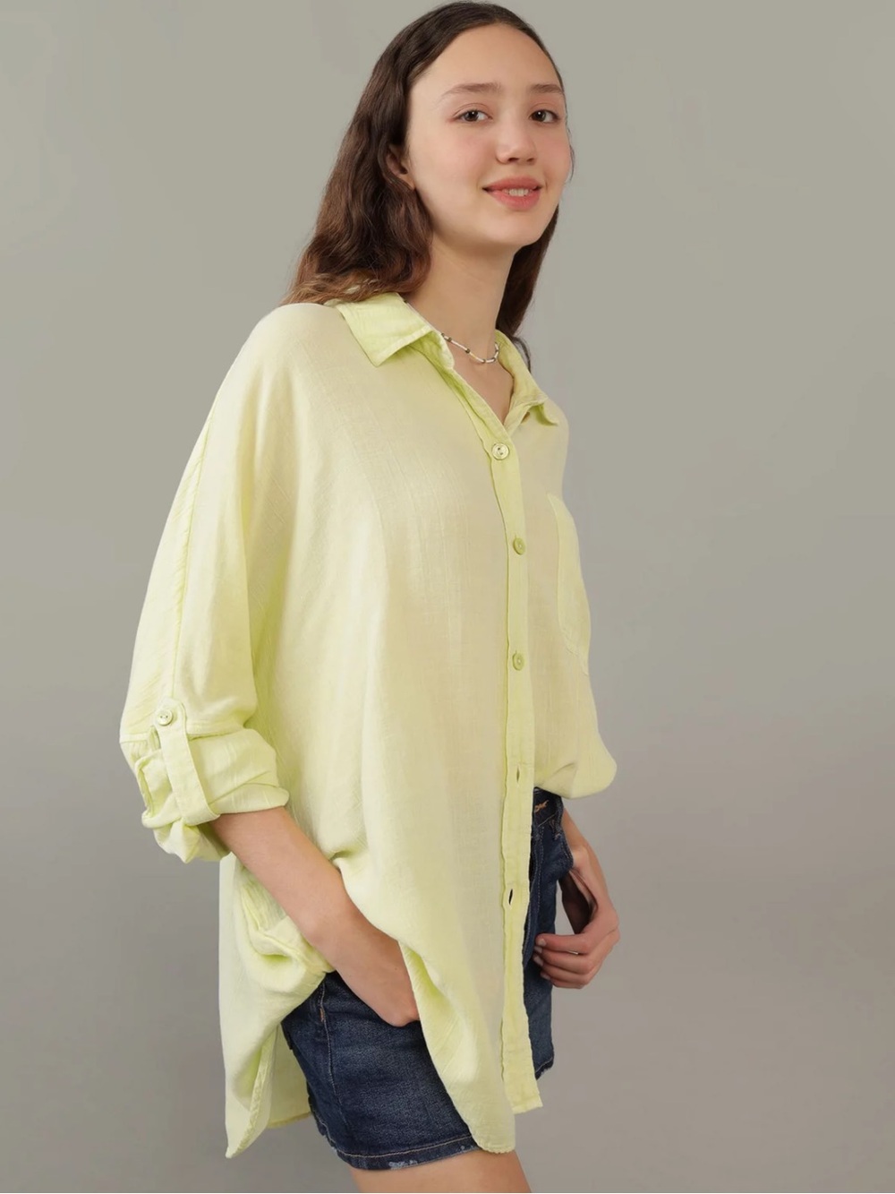 American Eagle Go Big Beach Shirt Citron Yellow Large